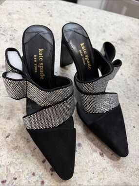 NEW Kate Spade Black Bianca Suede Crystal Rhinestone Wrap Closed Toe Pumps 6.5